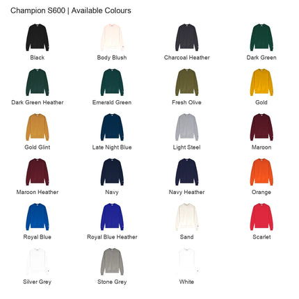 Champion S600 colour chart showing all 23 available colours.