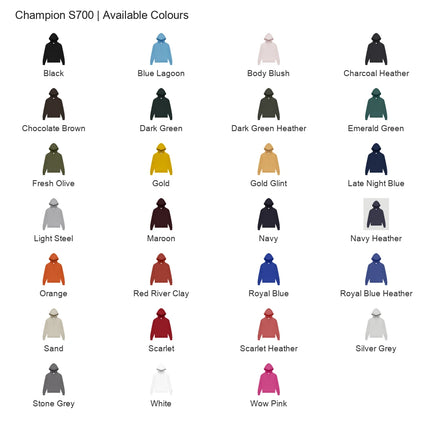 Champion S700 colour chart showing all 27 available colours.