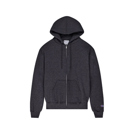 Champion S800 Adult Powerblend Full-Zip Hoodie in Charcoal Heather, front view.