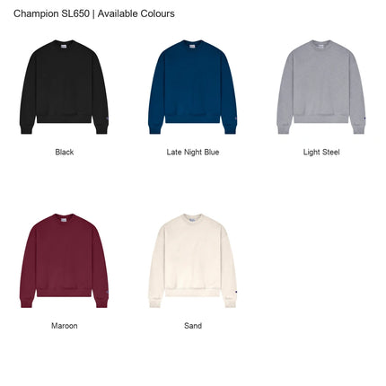 Champion SL650 colour chart showing all 5 available colours.