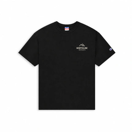 Champion T105 in Black, front view with an illustrative fictional company logo embroidered on the left chest.