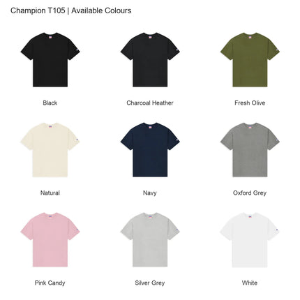 Champion T105 colour chart showing all 9 available colours.