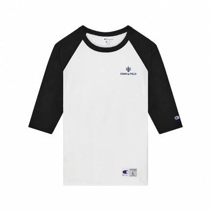 Champion T137 in White / Black, front view with an illustrative fictional company logo embroidered on the left chest.