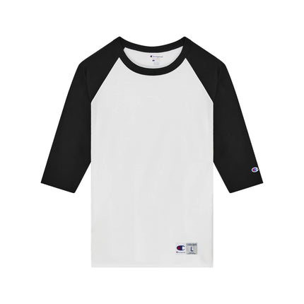 Champion T137 Adult Raglan Baseball T-Shirt in White / Black, front view.