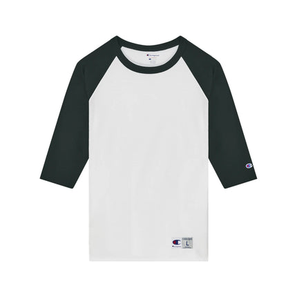Champion T137 Adult Raglan Baseball T-Shirt in White / Dark Green, front view.