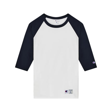 Champion T137 Adult Raglan Baseball T-Shirt in White / Navy, front view.