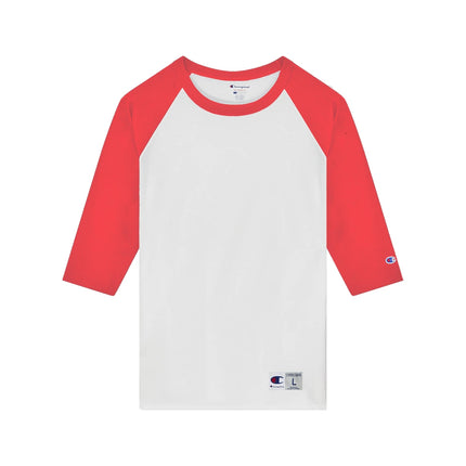 Champion T137 Adult Raglan Baseball T-Shirt in White / Scarlet, front view.