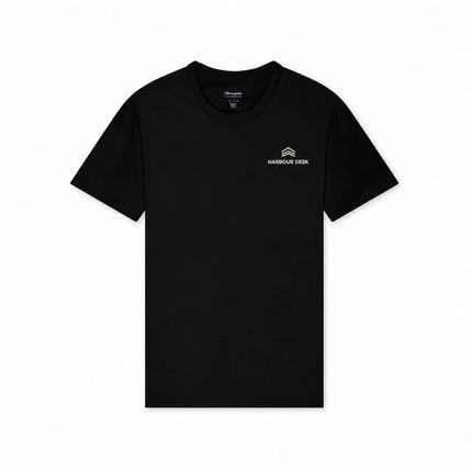Champion T425 in Black, front view with an illustrative fictional company logo embroidered on the left chest.