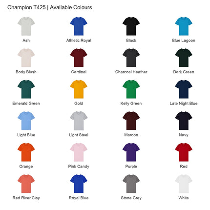 Champion T425 colour chart showing all 24 available colours.