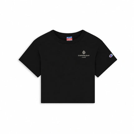 Champion T453W in Black, front view with an illustrative fictional company logo embroidered on the left chest.