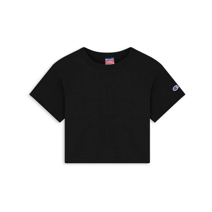 Champion T453W Women's Cropped Heritage Jersey T-Shirt in Black, front view.
