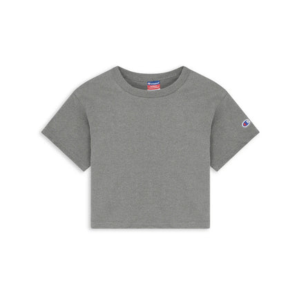 Champion T453W Women's Cropped Heritage Jersey T-Shirt in Oxford Grey, front view.