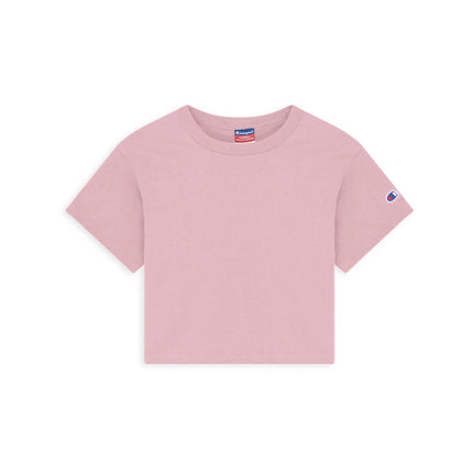 Champion T453W Women's Cropped Heritage Jersey T-Shirt in Pink Candy, front view.
