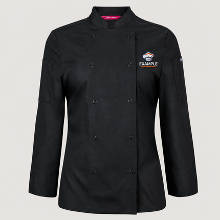 JB's 5CJL1 ladies long sleeve chef jacket in Black with a three-colour example front chest embroidered logo on a warm grey background.