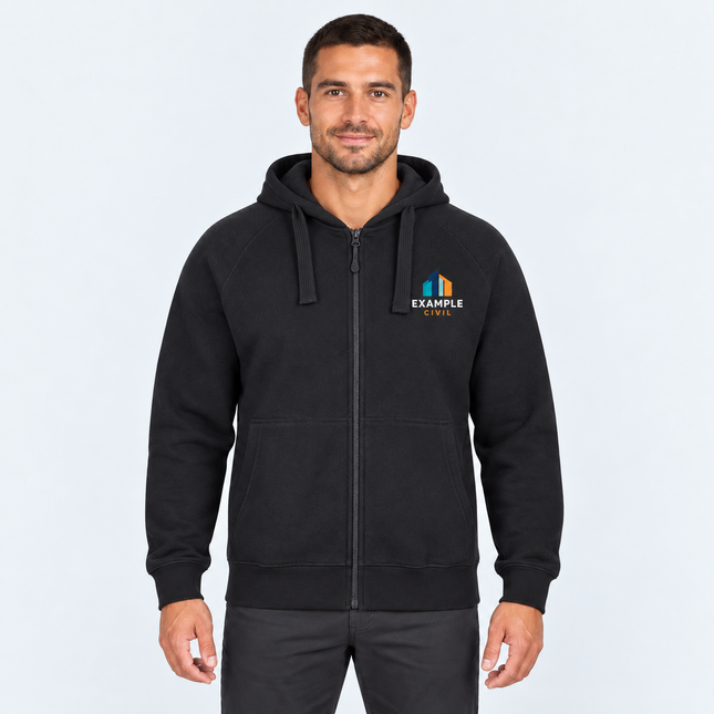 Model wearing Colours of Cotton Full Zip Fleecy Hoodie S3FH in Black with an illustrative full-colour EXAMPLE CIVIL left-chest digital print, against a light cool-grey studio background.