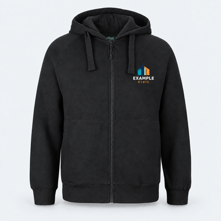 Colours of Cotton Full Zip Fleecy Hoodie S3FH in Black, front view with an illustrative full-colour EXAMPLE CIVIL left-chest digital print on a cool grey background