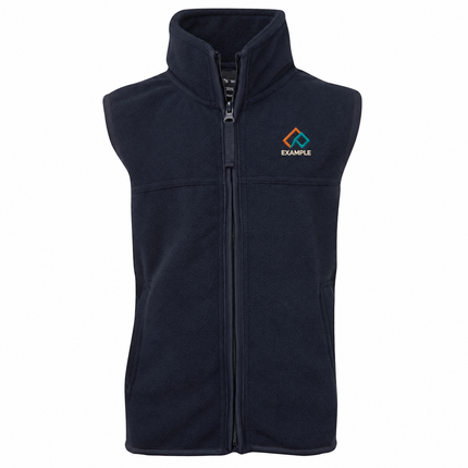 JB's Wear Kids Polar Durable Fleece Vest in its original garment colour, with an illustrative EXAMPLE embroidered logo on the front chest. Logo example only; front embroidery only.