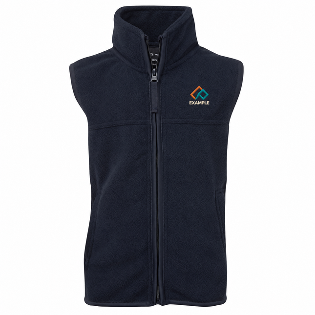 JB's Wear Kids Polar Durable Fleece Vest in its original garment colour, with an illustrative EXAMPLE embroidered logo on the front chest. Logo example only; front embroidery only.