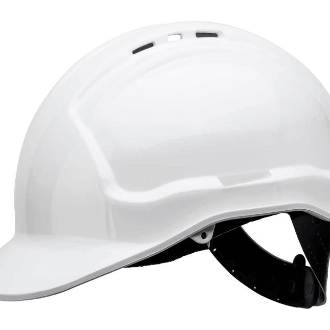 White safety hard hat with vented top and adjustable harness – available with custom logo printing from My Uniform Shop