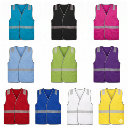 A collection of 10 different coloured custom safety vests available at My Promo Shop, including Black, Pink, Blue, and more.
