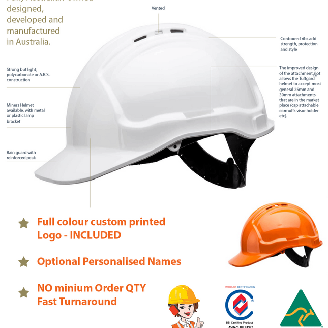 Diagram of custom-printed safety hard hat with labelled features including vented top, reinforced peak, and optional attachments – includes notes on free full-colour logo printing, no minimum order, and fast turnaround from My Uniform Shop