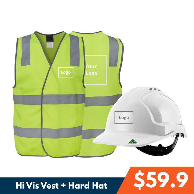 Safety Essential Pack – Custom Hard Hat & Hi-Vis Vest with 3 Free Logo