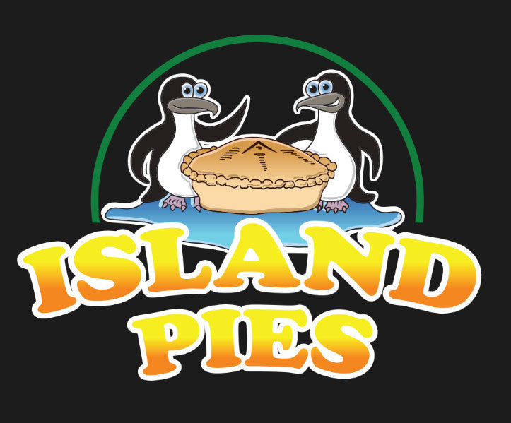 Original Island Pies logo artwork with two penguins, a pie and gradient lettering.