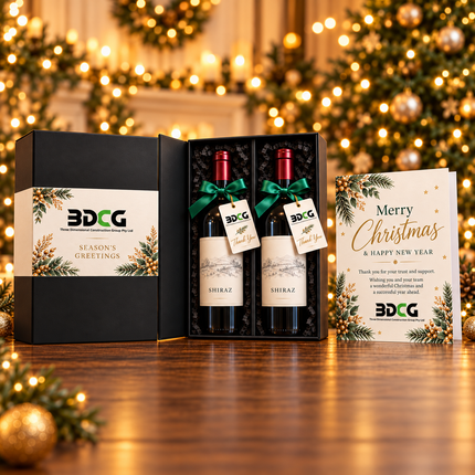 Illustrative two-bottle wine packaging mockup with custom belly band, greeting card and hang tags. Packaging and custom printing only; wine and Champagne shown are not included.