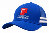 3995 royal blue trucker cap with white side stripes and PERCEPTION COMMERCIAL example front embroidery