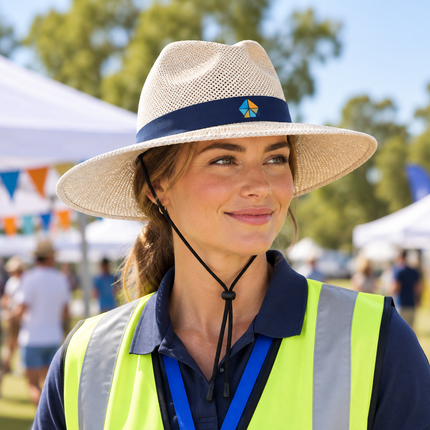 Event staff member wearing a custom Madrid string straw hat with a full-colour printed navy hatband outdoors