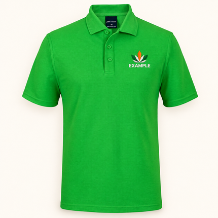 JB's Wear polo in its original colour with an EXAMPLE front chest embroidered logo; optional back print ordered separately.