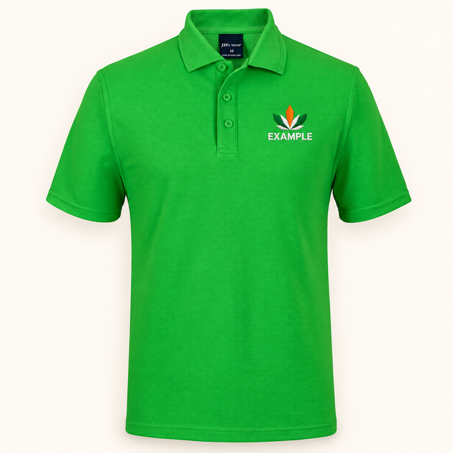 JB's Wear polo in its original colour with an EXAMPLE front chest embroidered logo; optional back print ordered separately.