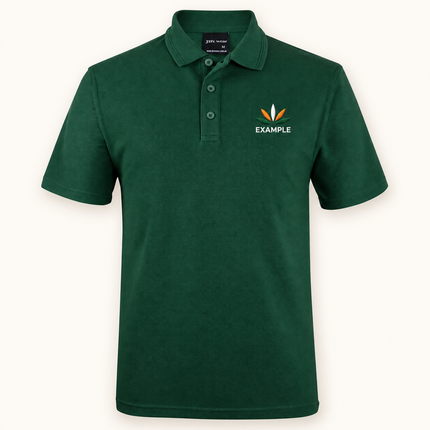 JB's Wear polo in its original colour with an EXAMPLE front chest embroidered logo; optional back print ordered separately.