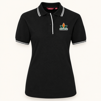 2LCP polo, Black/White, EXAMPLE embroidered chest logo; illustration only