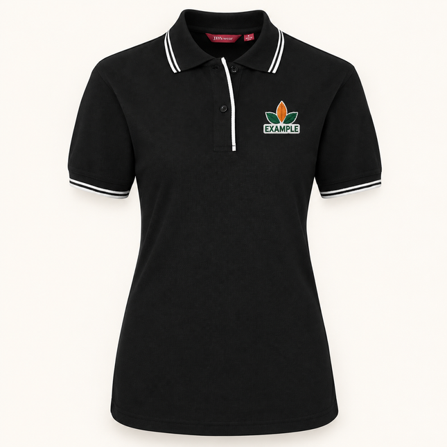 2LCP polo, Black/White, EXAMPLE embroidered chest logo; illustration only