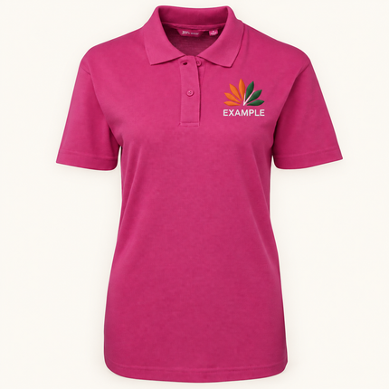 JB's Wear polo in its original colour with an EXAMPLE front chest embroidered logo; optional back print ordered separately.