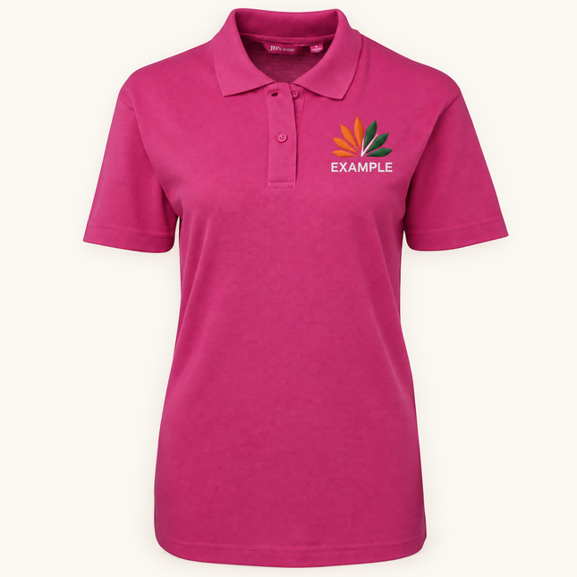 JB's Wear polo in its original colour with an EXAMPLE front chest embroidered logo; optional back print ordered separately.