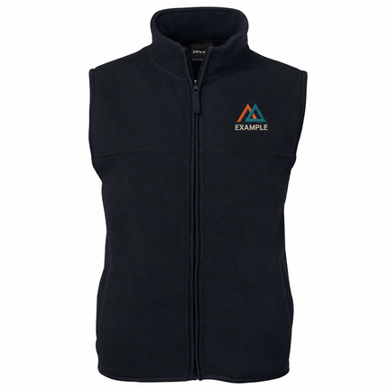 JB's Wear Polar Durable Fleece Vest in its original garment colour, with an illustrative EXAMPLE embroidered logo on the front chest. Logo example only; front embroidery only.