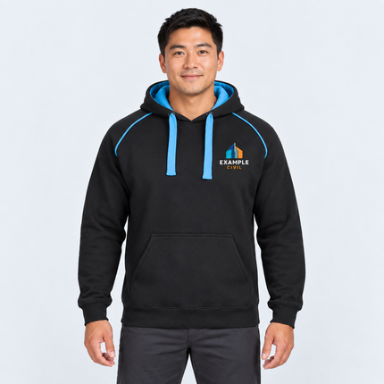 Model wearing JB’s Wear Contrast Fleecy Hoodie 3CFH in Black/Aqua with an illustrative full-colour EXAMPLE CIVIL left-chest digital print, against a light cool-grey studio background.