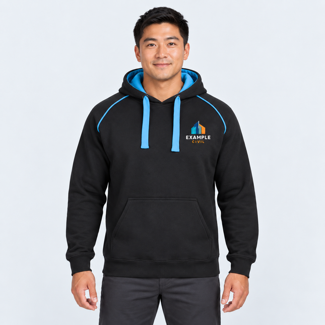 Model wearing JB’s Wear Contrast Fleecy Hoodie 3CFH in Black/Aqua with an illustrative full-colour EXAMPLE CIVIL left-chest digital print, against a light cool-grey studio background.