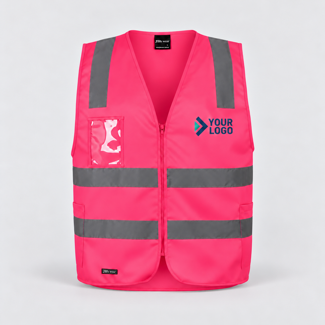 JB's Wear 6DNSZ pink zip safety vest with reflective tape, utility pockets and an example front DTF logo.