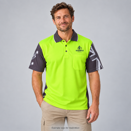 JB's Wear 6HSC Southern Cross Hi-Vis polo in lime and charcoal, model wearing an example embroidered logo above the left chest pocket