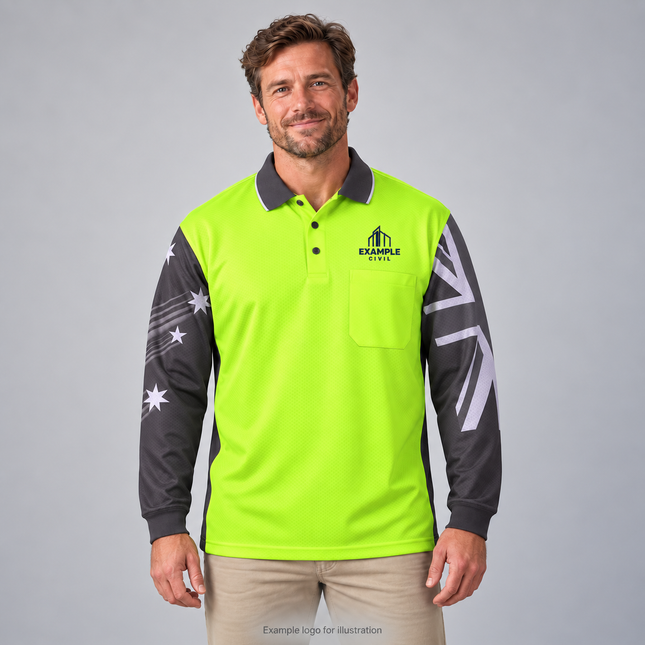 JB's Wear 6HSCL Southern Cross Hi-Vis polo in lime and charcoal, model wearing an example embroidered logo above the left chest pocket
