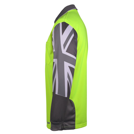 JB's Wear 6HSCL Southern Cross Hi-Vis polo, lime charcoal left sleeve view