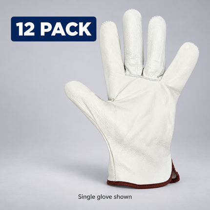 JB's 6WWG natural leather rigger glove, palm view, on a grey background; sold as a pack of 12 pairs, single glove shown