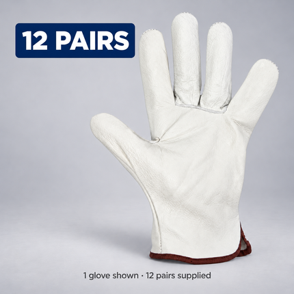 JB's 6WWG natural leather rigger glove, palm view, on a grey background; sold as a pack of 12 pairs; one glove shown