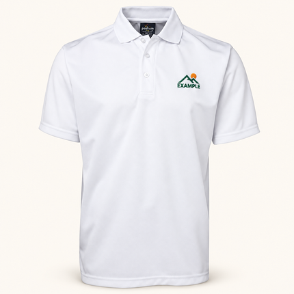 JB's Wear Podium Poly Polo in White, front view with an example embroidered logo on the front chest; actual garment colour and construction preserved.