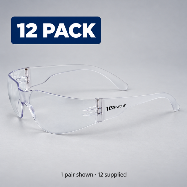 JB's 8H001 Eye Saver safety glasses, Clear / Clear lens and frame, on a grey background; 12-pack, one pair shown and 12 supplied