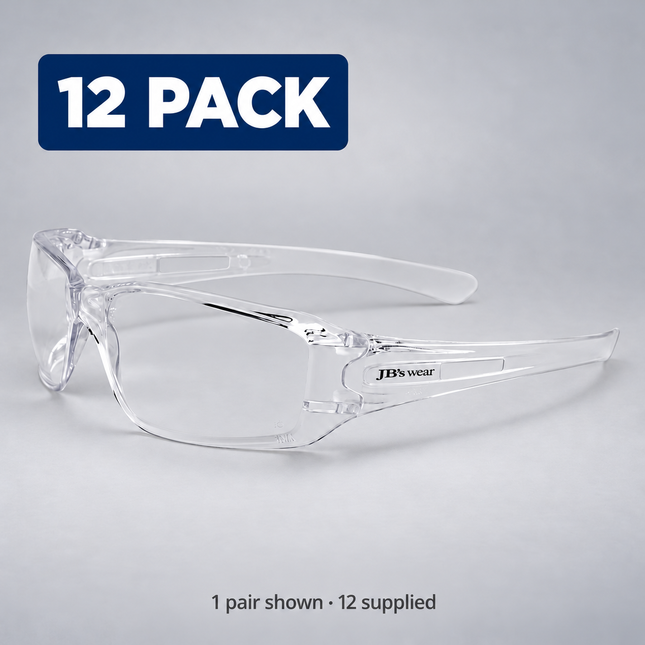 JB's 8H380 Power Spec safety glasses, Clear / Clear lens and frame, on a grey background; 12-pack, one pair shown and 12 supplied