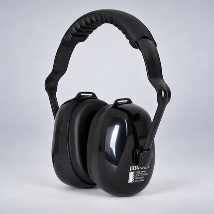 JB's 8M055 black earmuffs on a grey background; one complete headband-and-earcups assembly